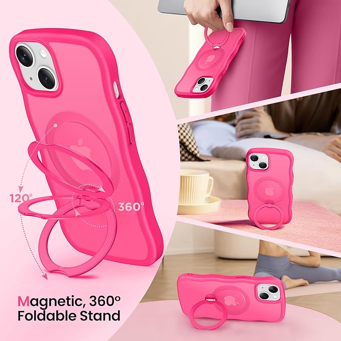 CAPRARO for iPhone 13 Case & iPhone 14 Case with 360° Spin Magnetic Stand for Women, [Compatible with MagSafe] [Camera Protection] Cute Wave Translucent Matte Case for iPhone 13/14, Hot Pink