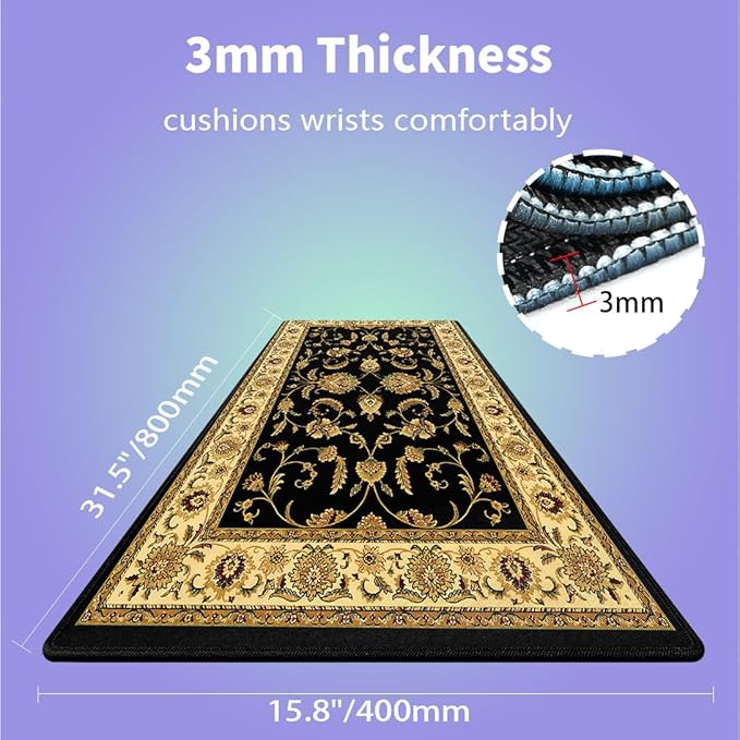Large Gaming Mouse Pad (31.5" x 15.8") - Elegant Black and Cream Oriental Persian Design Vintage Floral Print Art, Extra XXL Office Accessories, Premium Stitched Anti-Slip Office Desk Mat