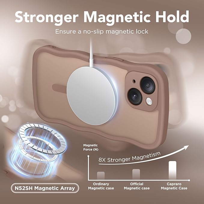 CAPRARO Cute for iPhone 15 Case, Compatible with MagSafe, [Curly Wave Edge] [Full Camera Protection] [14 FT Drop Protection] Magnetic Phone Case for 15 6.1 Inch, Brown