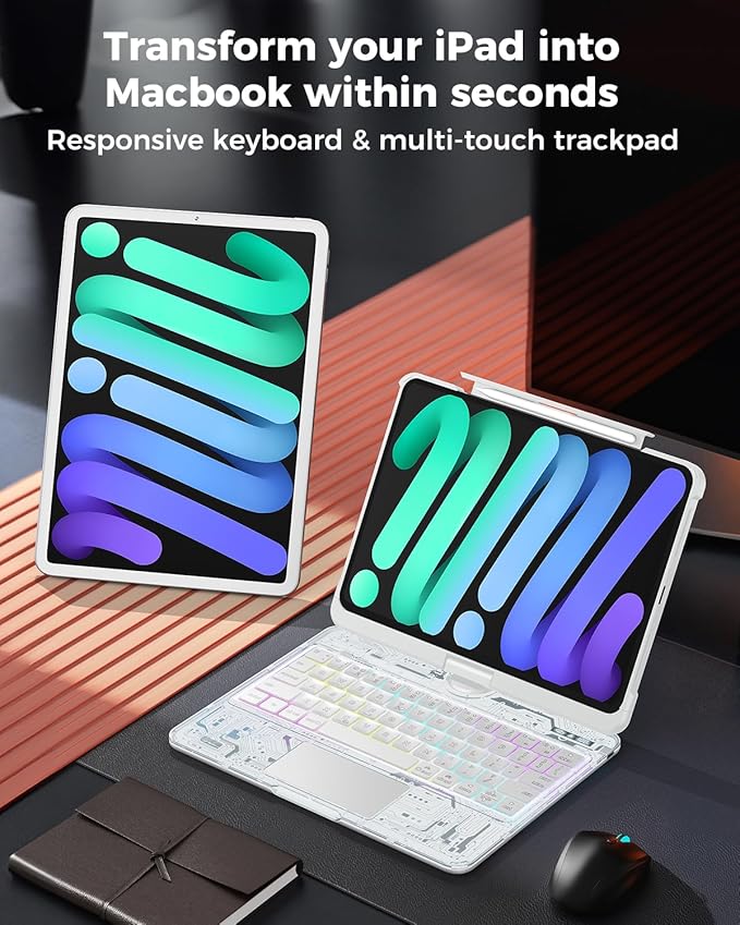 TSQQST Clear Wireless Keyboard Case for iPad mini 7 A17 Pro (2024)/ Mini 6 (2021) 8.3" w/Multi-Touch Trackpad, 7-Color Backlit, Pen Holder, 360 Rotating Case for iPad mini 7th/6th Generation, White