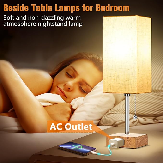 PLMMY Bedside Table Lamps for Bedroom Nightstand, Bedroom Lamp with 3 Color Temperatures Nightstand Lamps Set of 2 with AC Outlets, Square Pull Chain Bedside Lamp for Living Room, Home Decor