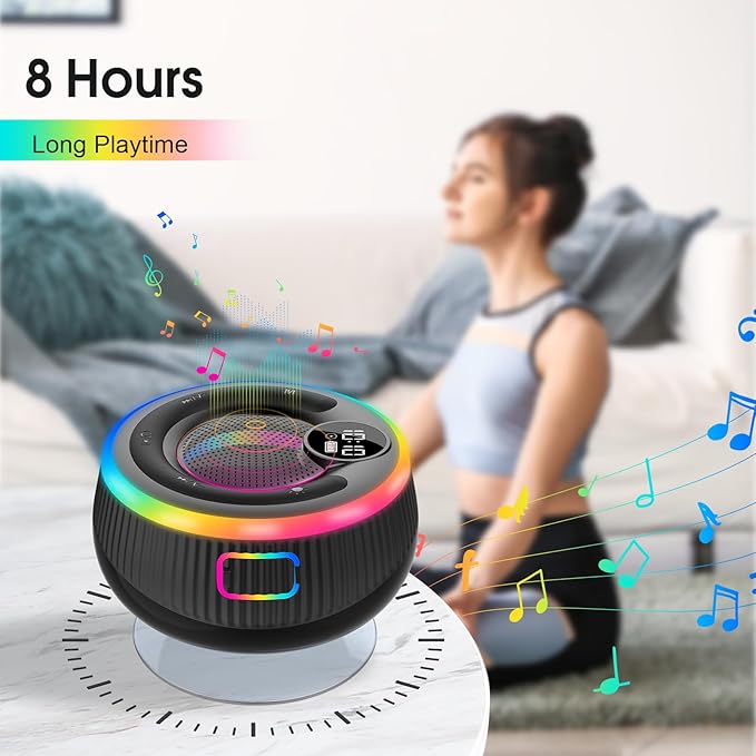 Bluetooth Speaker, Shower Speaker Stereo Sound, IPX7 Waterproof Speakers, Digital Display Portable Speaker with Suction Cup, LED Light, Small Wireless Speakers for Outdoor Party Beach Bathroom, Black