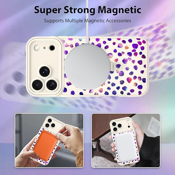 KANGHAR Compatible with iPhone 17 Pro Case, Support for MagSafe, Silicone Cute Iridescent Pattern Leopard Print Cheetah, Wristband Kickstand Shockproof Soft Slim Cover for Girls Women, White