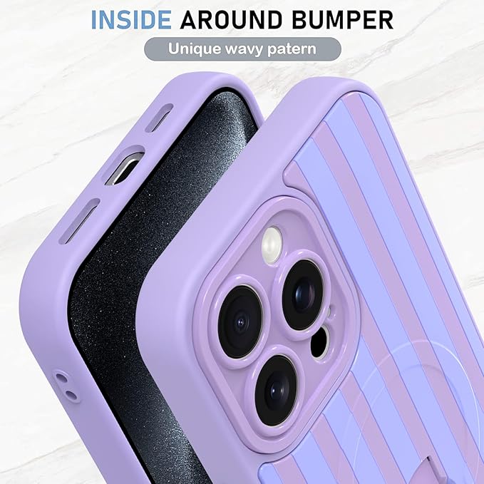 KANGHAR Compatible with iPhone 15 Pro Case, Support for MagSafe, Silicone Stripes Cute Pattern, Wristband Kickstand Camera Protection Soft Slim Cover for Girls Women -Purple