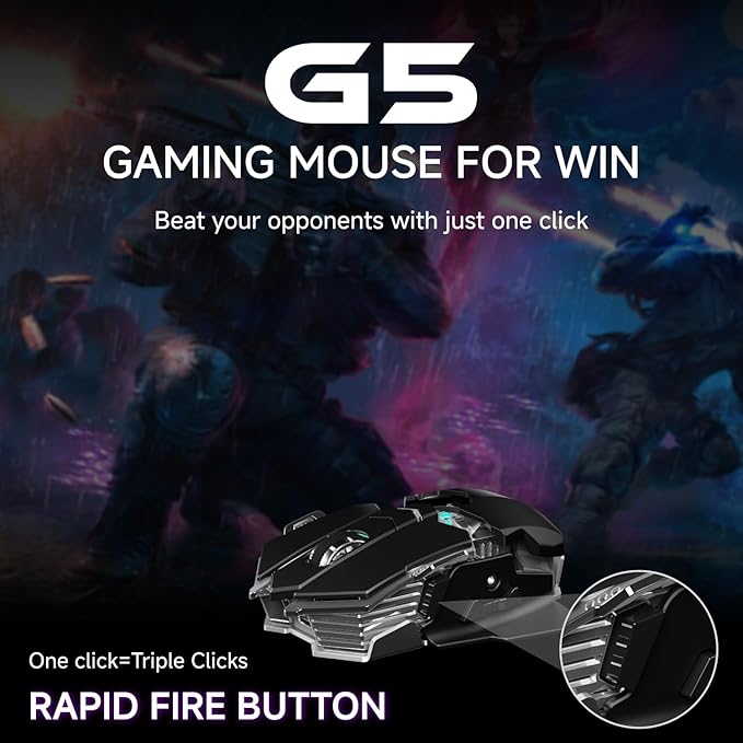 EWEADN G5 Wireless Gaming mouse, 12800 Adjustable DPI Ergonomic Mouse with 6 RGB Backlit Modes, Rapid Fire Key, 9 Programmable Macro Buttons, Rechargeable Bluetooth Mouse for PC/Mac/Laptop - Black