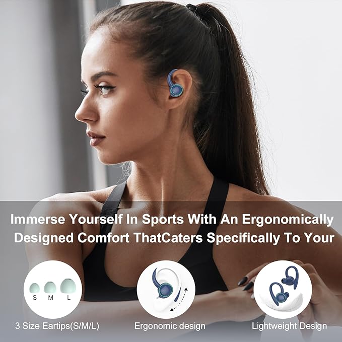 Wireless Earbuds, Bluetooth 5.3 Headphones Sport, Over Ear Buds With ENC Noise Cancelling Mic, 48H, Wireless Earphone With Earhooks, Stereo Deep Bass, IP7 Waterproof Headset for Workout, Deep Blue
