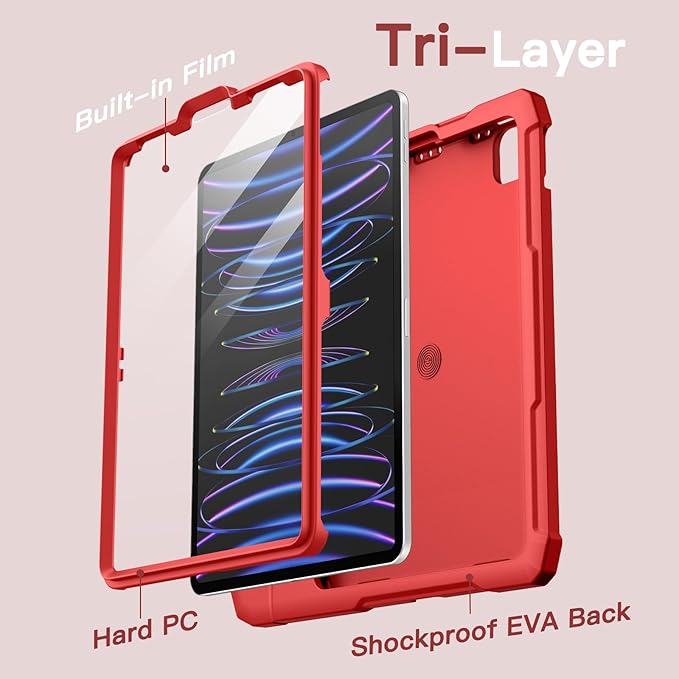 JETech Kids Case for iPad Pro 11 Inch (2022/2021/2020/2018 Model), iPad Air 5/4 (10.9-Inch) with Built-in Screen Protector, Shockproof Full-Body Handle Stand Tablet Protective Cover (Red)
