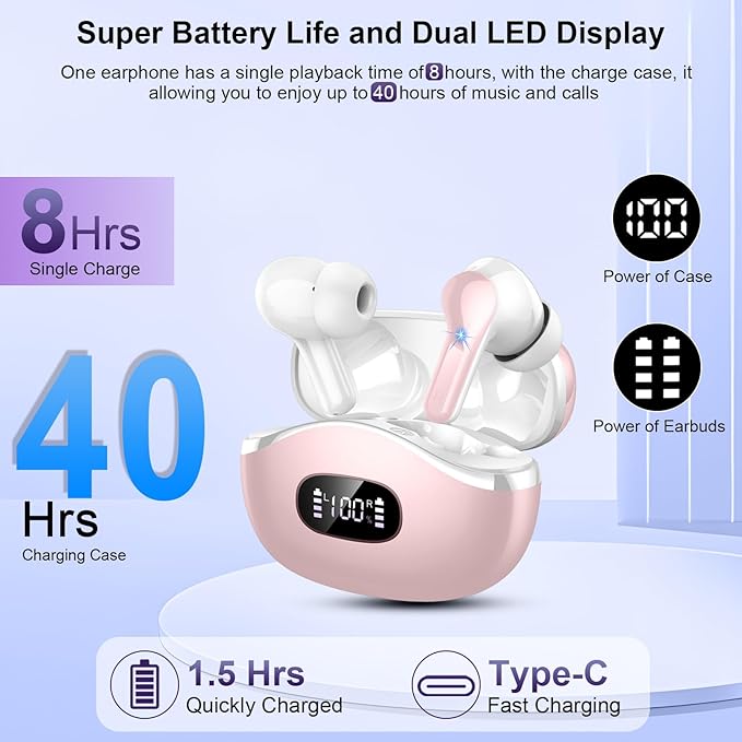 Wireless Earbuds, 48Hrs 2026 Bluetooth Headphones, Hi-Fi Stereo Deep Bass Ear Buds, ENC Noise Cancelling Mic, Clear Calls, IP-X7 Waterproof, USB Sport Earphones in Ear for Phones Laptop Pad, Pink