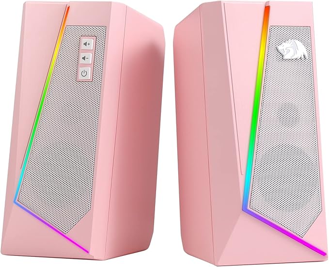 Redragon GS520 RGB Desktop Speakers, 2.0 Channel PC Computer Stereo Speaker with 6 Colorful LED Modes, Enhanced Sound and Easy-Access Volume Control, USB Powered w/ 3.5mm Cable, Pink