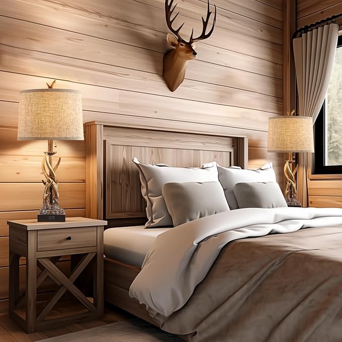 Rustic Deer Antler Table Lamps Set of 2 for Bedroom Farmhouse Bedside Lamps with USB A+C Ports for Living Room End Table Hunting Themed Cabin Lamp Pull Chain Linen, Bulbs Not Included