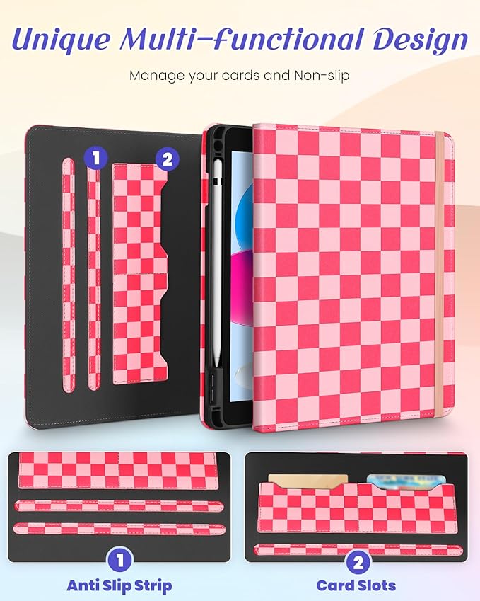 Kidcube for iPad 10th Generation Case 2022, for iPad (A16) Case 11th Generation 2025 - for Women Girls Cute Rotating Stand Folio Cover with Pencil Holder & Card Slot Girly Plaid Design Teens Cases
