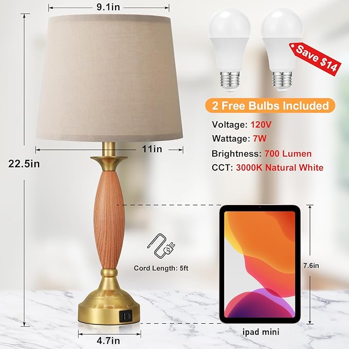 Seealle Touch Bedside Lamps for Nightstand - Bedroom Lamps Set of 2 with USB C+A, 3 Way Dimmable Table Lamps for Living Room (Wood Body and Gold Base)