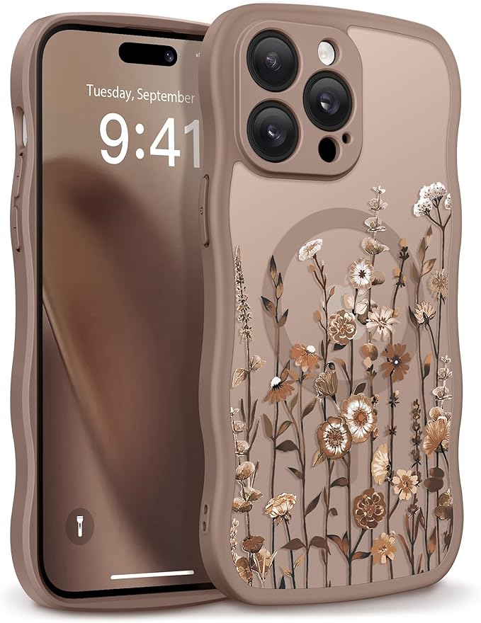 GVIEWIN for iPhone 14 Pro Max Case Compatible with MagSafe [Curly Wave Edge][Full Camera Protection] Floral Translucent Shockproof Magnetic Women Phone Case for 14 Pro Max, Floratopia/Brown