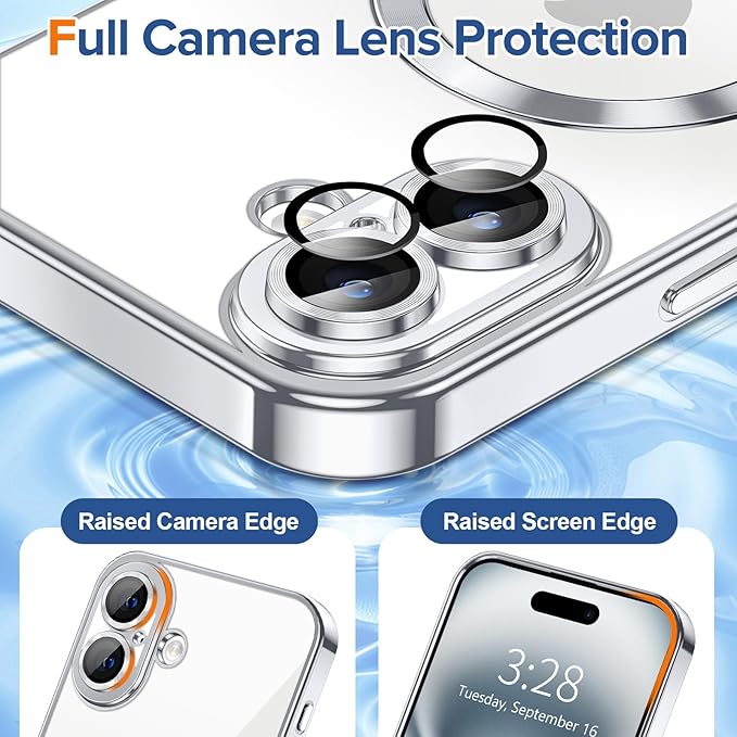 Hython Magnetic Clear for iPhone 16 Plus Case with Camera Lens Protector [Compatible with MagSafe] Luxury Plating Edge Slim Soft TPU Cover Protective Phone Case for iPhone 16 Plus 6.7", Silver