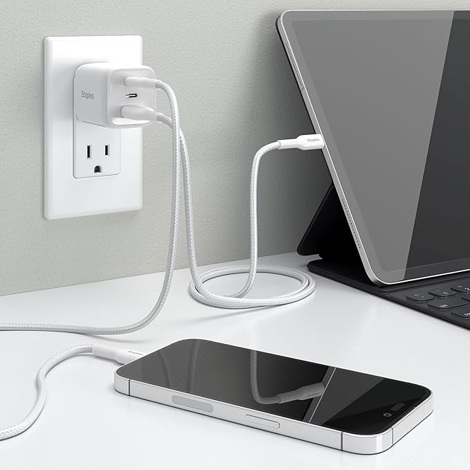 Staples TECH GaN Wall Charger, 65W – USB‑A & USB‑C Fast Charging, Includes Charging Cable, Compact Power Adapter for iPhone, Samsung, iPad & USB‑C Devices