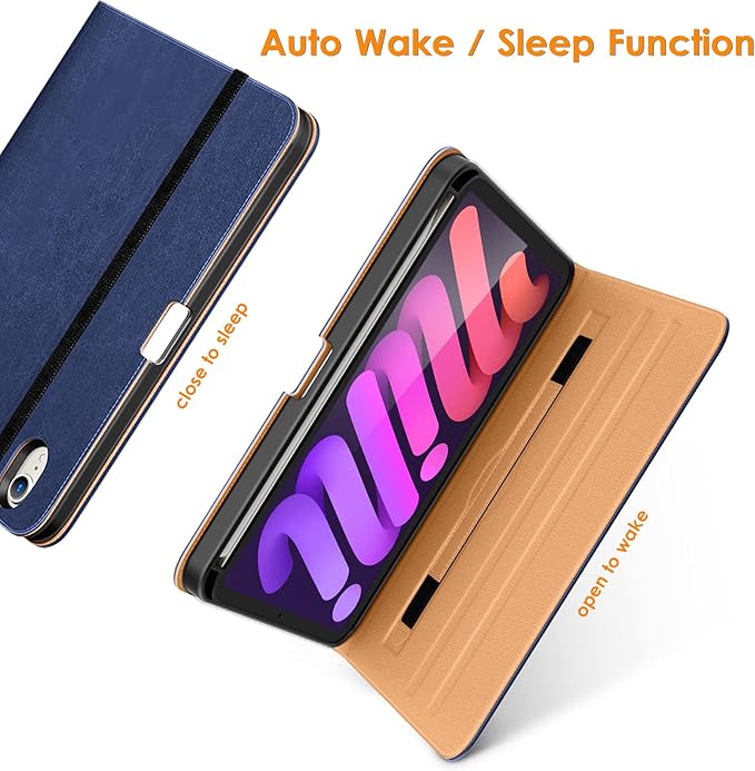 DTTO for iPad mini 7th (A17 Pro) 2024/iPad Mini 6th Generation Case 2021 8.3 Inch, Premium Leather Business Folio Stand Cover for Mini 7/6 with Pencil Holder-Multiple Viewing Angles, Navy Blue