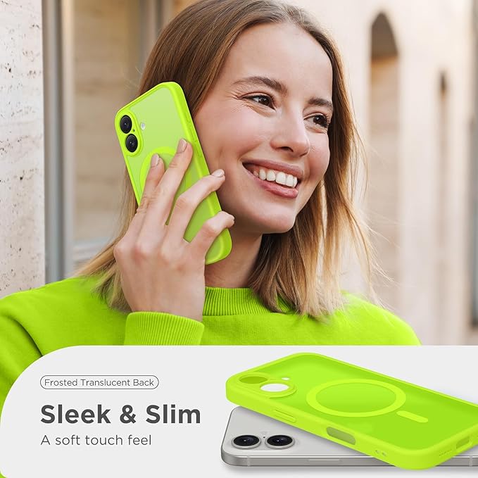 CAPRARO Magnetic Compatible with iPhone 16 Case, Upgraded [Full Camera Protection] [Compatible with MagSafe] Protective Translucent Matte Women Girl Phone Case Cover, Fluorescent Green