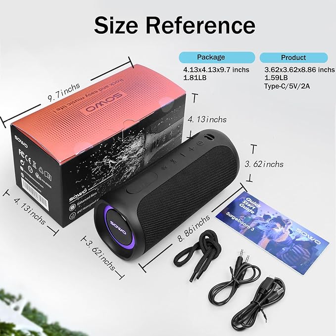 Wireless Waterproof Bluetooth Speaker - Portable Speaker Loud with Built-in Subwoofer and Tweeter, Extra Bass, Stereo Sound, IP67, Colorful Lights for Party, Outdoor, Camping - Black