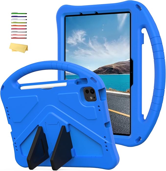 Kids Case for iPad Air 11 inch M4/M3/M2 (2026/2025/2024) & iPad Pro 11 inch M5/M4 (2025/2024) with Pencil Holder/Handle Kickstand/Lightweight Soft EVA Shockproof Boy Girl Stand Cover, Blue