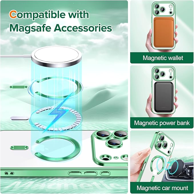 Hython Magnetic Clear for iPhone 17 Pro Max Case with Camera Lens Protector [Compatible with MagSafe] Plating Edge Slim Soft TPU Cover Protective Phone Case for iPhone 17 Pro Max 6.9", Light Green