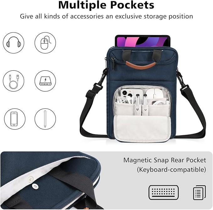 MoKo 9-11 Inch Tablet Sleeve Bag - Carrying Case Fits iPad Air, Pro 11, Tab S8/S9, with Shoulder Strap, Handle and Pockets, Indigo