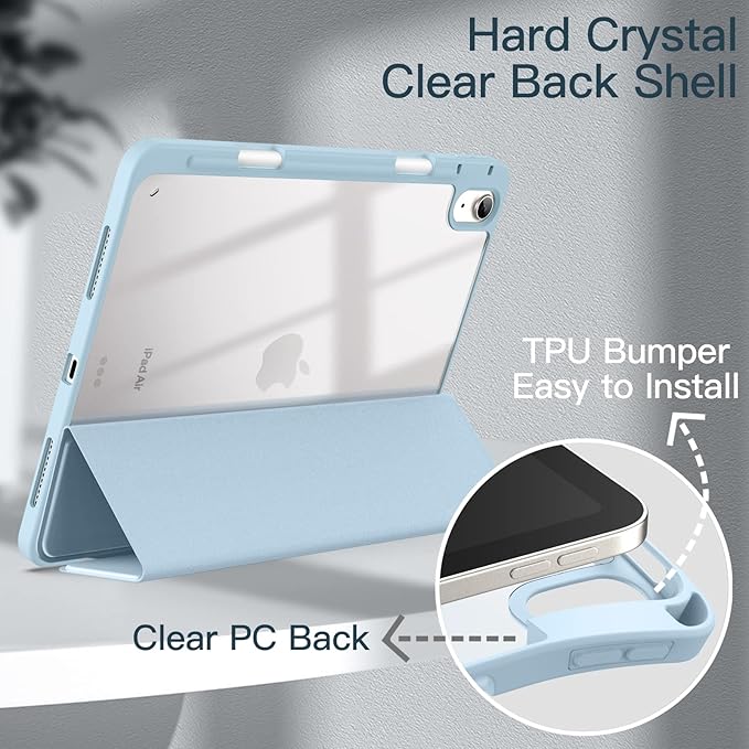 JETech Case ONLY for iPad Air 11-Inch M4/M3/M2 (2026/2025/2024), iPad Air 5/4 (2022/2020 5th/4th) with Pencil Holder, Clear Transparent Back Slim Stand Shockproof Tablet Cover (Sky Blue)