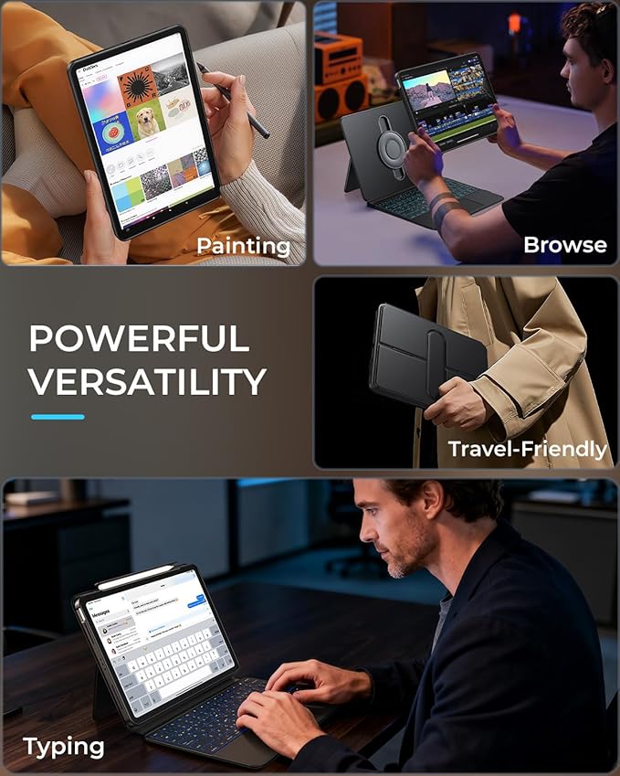 Clear Magnetic Keyboard Case for iPad Air 11" (M3/M2)& Pro 11" 4th 3rd 2nd 1st Gen, 7-Color Backlit, Multi-Touch Trackpad, Detachable 360 Rotation & Up-Down Lift Protective Case w/Stand, Black