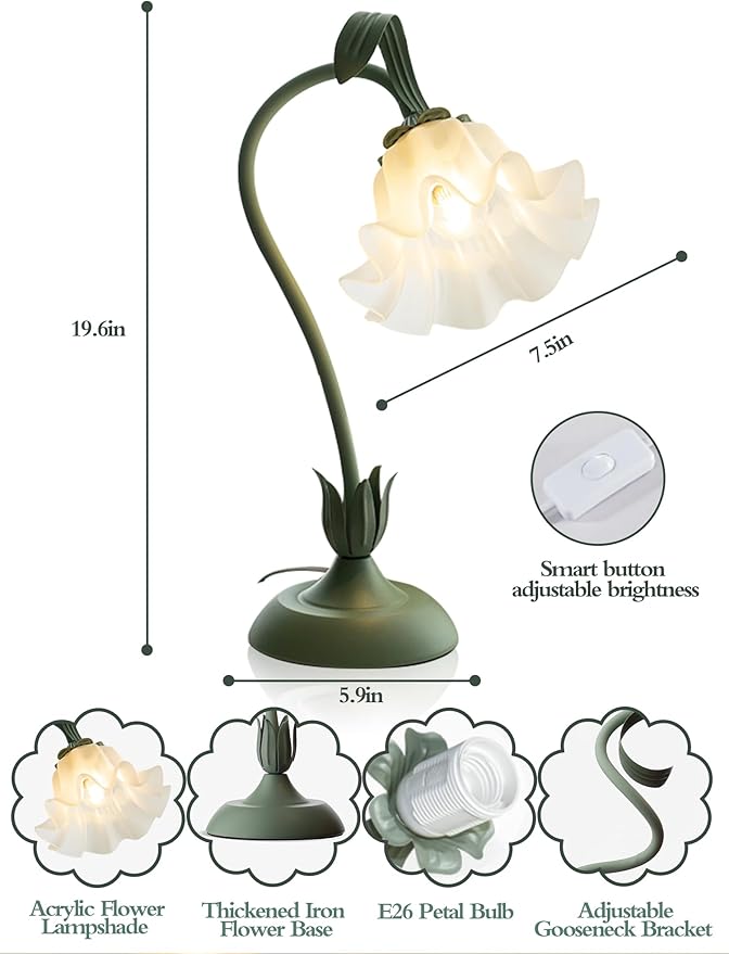 AQDZCNF Flower Table Lamp,LED Reading Light Bedside Vintage Flower Night Light,3 Colors Modes Kawaii Bedside Lamps Decor,Living Room Bedroom Room Lighting Table Lamps Home Decoration (Green)