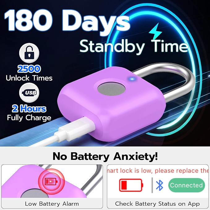 Fingerprint Padlock,Smart Padlock APP Control,Gym Locker Lock,Fingerprint Lock USB Rechargeable for Gym Locker,Locker, School,Storage Purple