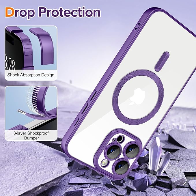 Hython Magnetic Clear for iPhone 16 Pro Case with Camera Lens Protector [Compatible with MagSafe] Luxury Plating Edge Slim Soft TPU Cover Protective Phone Case for iPhone 16 Pro 6.3", Matte Purple