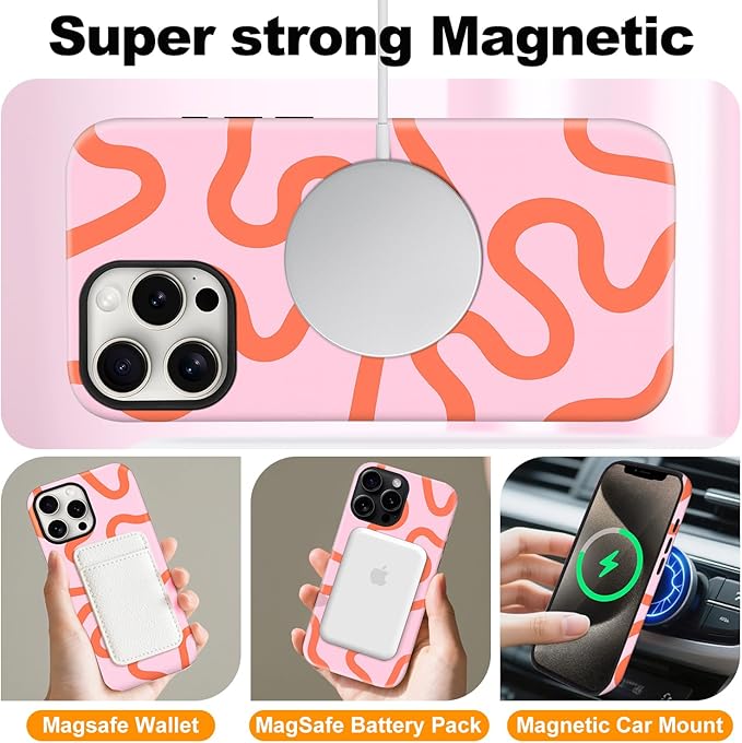 Magnetic for iPhone 14 Pro Case Cute Curved Stripes Phone Case, Shockproof Slim TPU and Hard PC Protective Phone Cover Compatible with MagSafe Designed for Women Girls,Pink