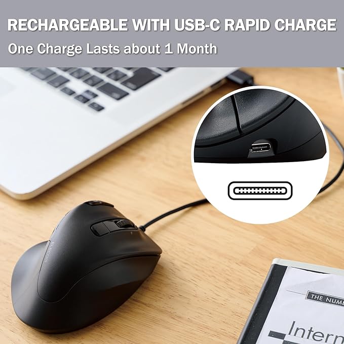 ELECOM EX-G PRO Ergonomic Mouse, Multi-Device Bluetooth or Wireless USB, Silent Click 8 Button, 1000/2000 DPI, Rechargeable, High-Speed Scroll Tilt, for Windows, macOS, Laptop, PC, Tablet (Medium)