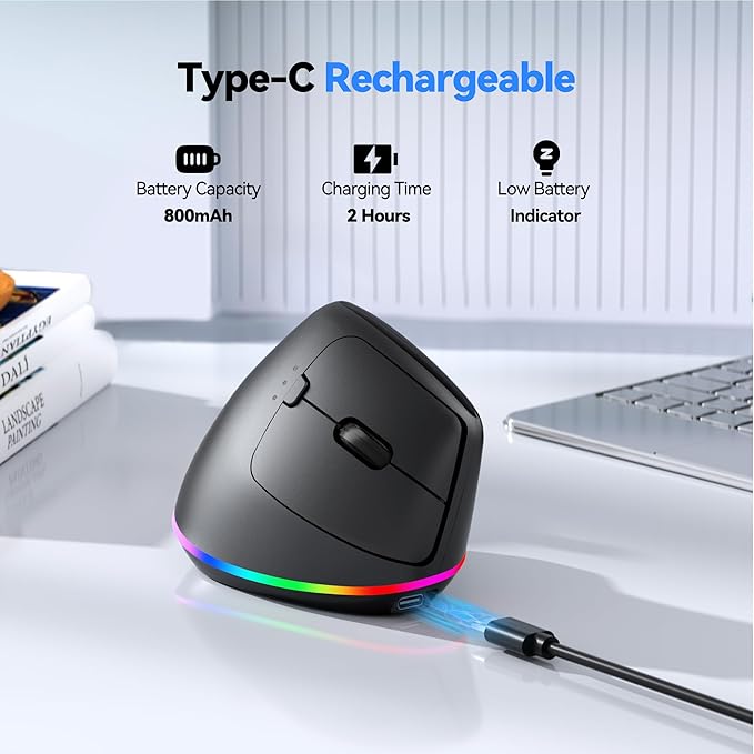 TECKNET RGB Rechargeable Wireless Ergonomic Mouse - USB+Bluetooth Multi-Device LED Vertical Mouse with 11 RGB Backlight Modes, 4800 DPI Adjustable, Ergo Mice for Windows and Mac, Black
