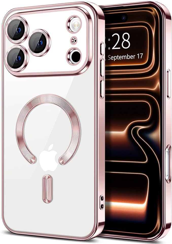 Hython Magnetic Clear for iPhone 17 Pro Max Case with Camera Lens Protector [Compatible with MagSafe] Plating Edge Slim Soft TPU Cover Protective Phone Case for iPhone 17 Pro Max 6.9", Pink