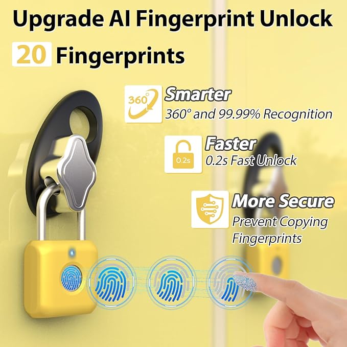 Fingerprint Padlock,Smart Padlock APP Control,Fingerprint Locker Lock,Gym Lock USB Rechargeable for Gym Locker,Locker, School,Storage Yellow