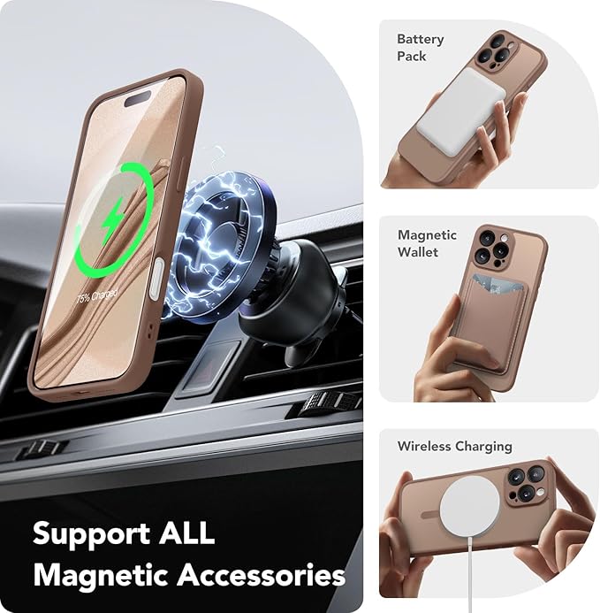 CAPRARO Magnetic Compatible with iPhone 16 Pro Case, Upgraded [Full Camera Protection] [Compatible with MagSafe] Protective Translucent Matte Women Girl Phone Case Cover, Brown