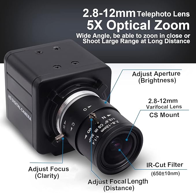 SVPRO 4K Webcam with Zoom Lens, HD Manual Focus 4K 30fps Close-up Camera with 2.8-12mm Varifocal Lens, 4X Optical Zoom External PC Camera for Windows, Linux, Android, Mac OS, Raspberry Pi