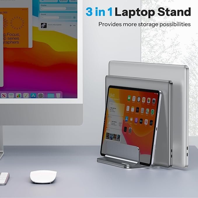 OMOTON Vertical Laptop Stand [Updated 3-Slots Version], Desktop Aluminum Mac Book Stand with Adjustable Dock Size, Fits All Mac Book, Surface, Chrome Book and Gaming Laptops (Up to 17.3 inch), Grey