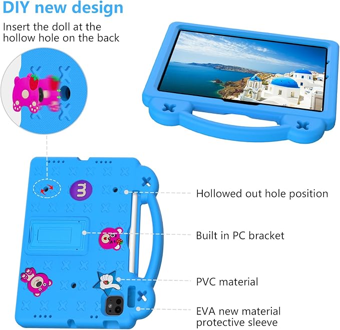 Dteck iPad Air 13"/Pro 13" 2024 M4/Pro 12.9 6th/5th/4th/3rd Gen Case, Strawberry Panda Shockproof Rugged Lightweight Convertible Stand With Handles, Kid-Friendly, Sky Blue
