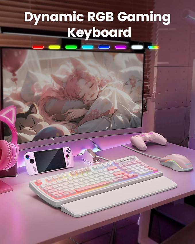 SABLUTE Wired Gaming Keyboard and Mouse, RGB Backlit Mechanical Feel Keyboard with Multimedia Knob & Anti-Ghosting Ergonomic Premium Leather Wrist Rest (Pink)