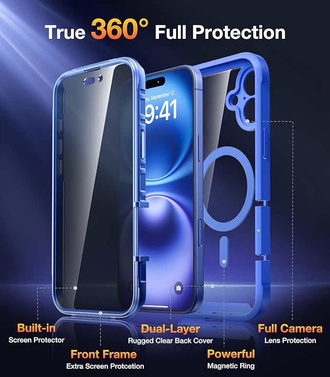 Diaclara Magnetic Designed for iPhone 16 Case, Full Body Rugged Case with Built-in Privacy Touch Sensitive Anti-Scratch Screen Protector, Upgraded [Full Camera Protection] (Ultramarine)