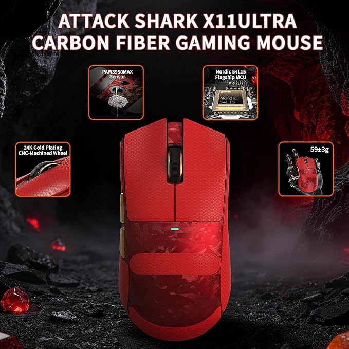 ATTACK SHARK X11Ultra 8K Carbon Fiber Wireless Gaming Mouse,Nordic 54L15 MCU,PAW3950MAX Sensor,59g Superlight,42000 DPI,BT/2.4Ghz/Wired Mouse with 100 Million Clicks,Programmable for Pc/Mac,Red pro