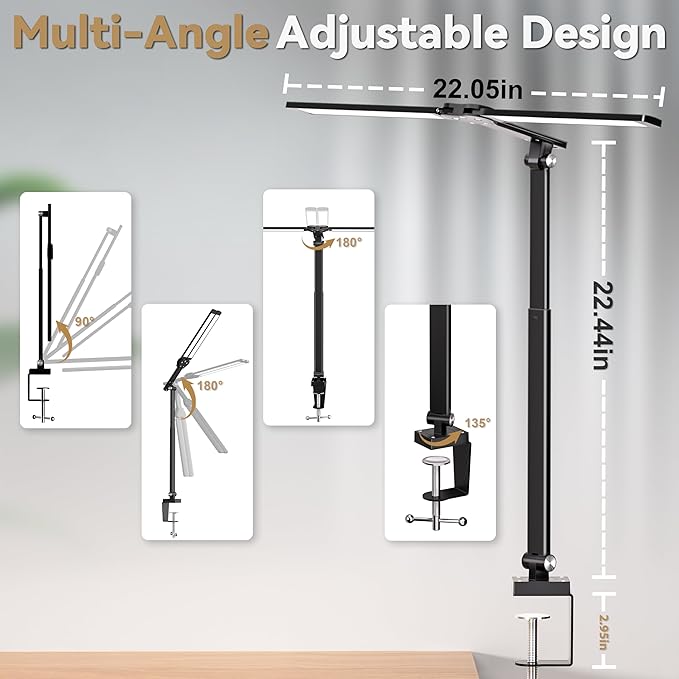 CHARYJOD LED Desk Lamp for Office Home, Height Adjustable Architect Desk Light with Clamp, Eye Caring Stepless Dimming Desk Lamp for Reading, Study, Workbench, 50 Lighting Models