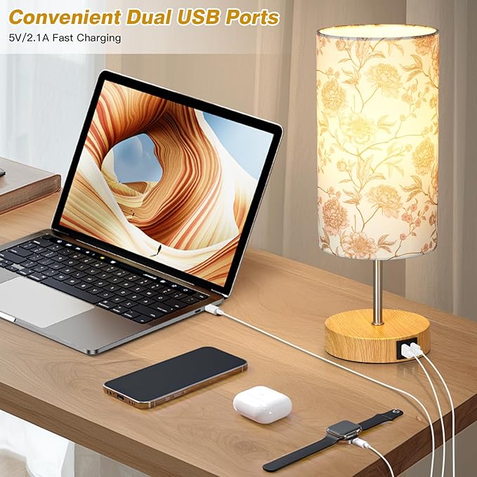 CINSARY Bedside Touch Lamp with Flower Fabric Shade, 3 Way Dimmable Wood Bedroom Lamp for Nightstand with 2 USB Charging Ports, Small Table Lamp for Living Room Reading Desk (LED Bulb Included)
