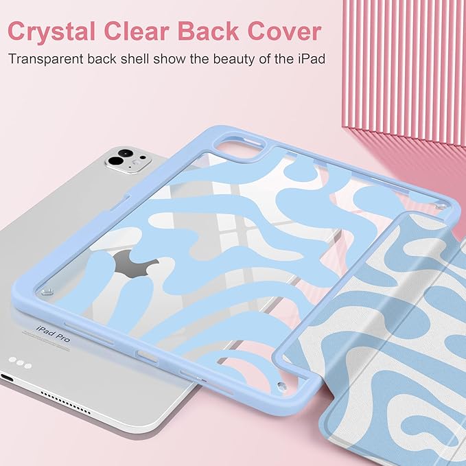 Case for iPad Pro 11 Inch (M5 2025 M4 2024) – [Built-in Pencil Holder], Shockproof & Stylish, Clear Hard Back + Soft TPU Edge, Magnetic Trifold Stand, Auto Wake/Sleep, Blue Wave