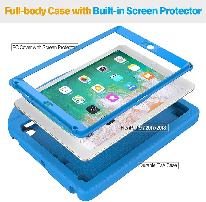 SUPLIK Kids Case for iPad 5th/6th Generation(9.7 inch, 2017/2018), iPad Air 2/1 & Pro 9.7 Case with Screen Protector, Durable Protective Cover with Handle Stand for Apple iPad 5/6 Gen, Blue