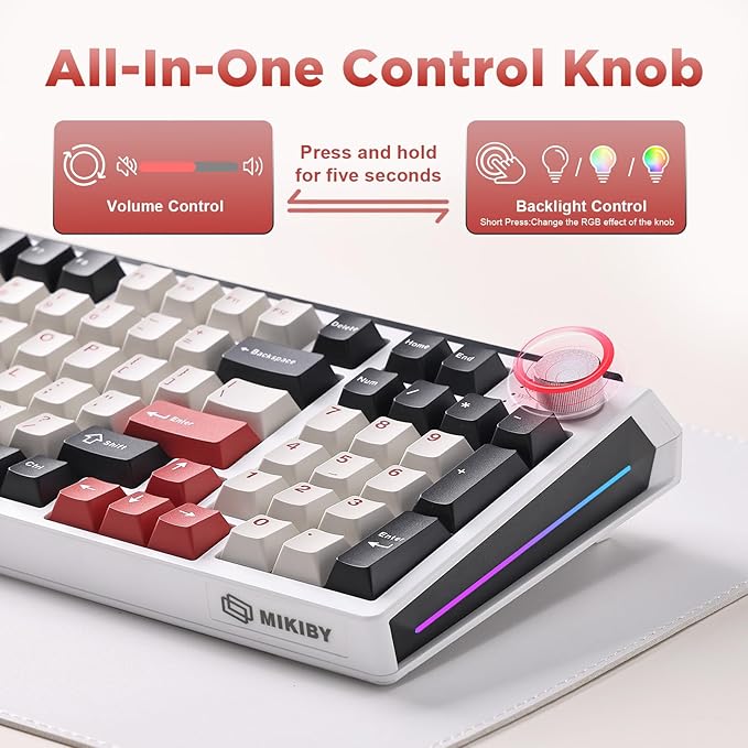 K98 Wireless Mechanical Keyboard,Tri-Mode BT5.0/2.4GHz/USB-C Hot Swappable Custom Keyboard,Gasket Structure,RGB Backlit Gaming Keyboard for Win & Mac(White&Red,Cocoa-V2 Switch)