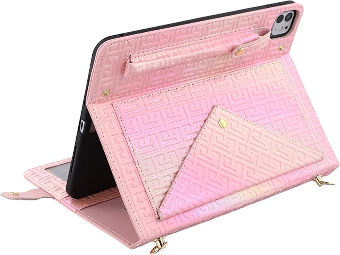 Shiny Case for iPad Pro 11" M5 M4 (2025/2024) Handbag Case, Techcircle Iridescent PU Leather Folio Envelope Pocket Stand Cover with Hand Strap+Shoulder Strap+Pencil Holder+Card Slots, Shiny Pink