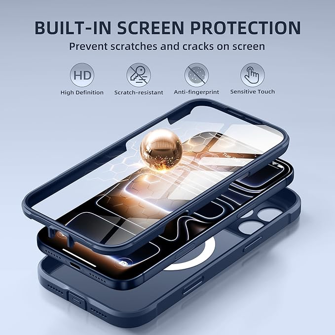 BERFY for iPhone 17 Pro Case, Compatible with MagSafe, Built-in Glass Screen Protector, Camera Protection, Shockproof Full Body Phone case 6.3", Translucent Deep Blue