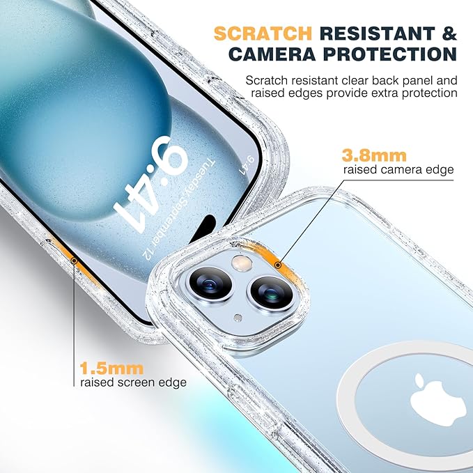 Diaclara Magnetic Designed for iPhone 15 Case, Compatible with MagSafe Built-in Touch Sensitive Anti-Scratch Screen Protector, with Camera Lens Protector for iPhone 15 6.1" (Full Clear Glitter)